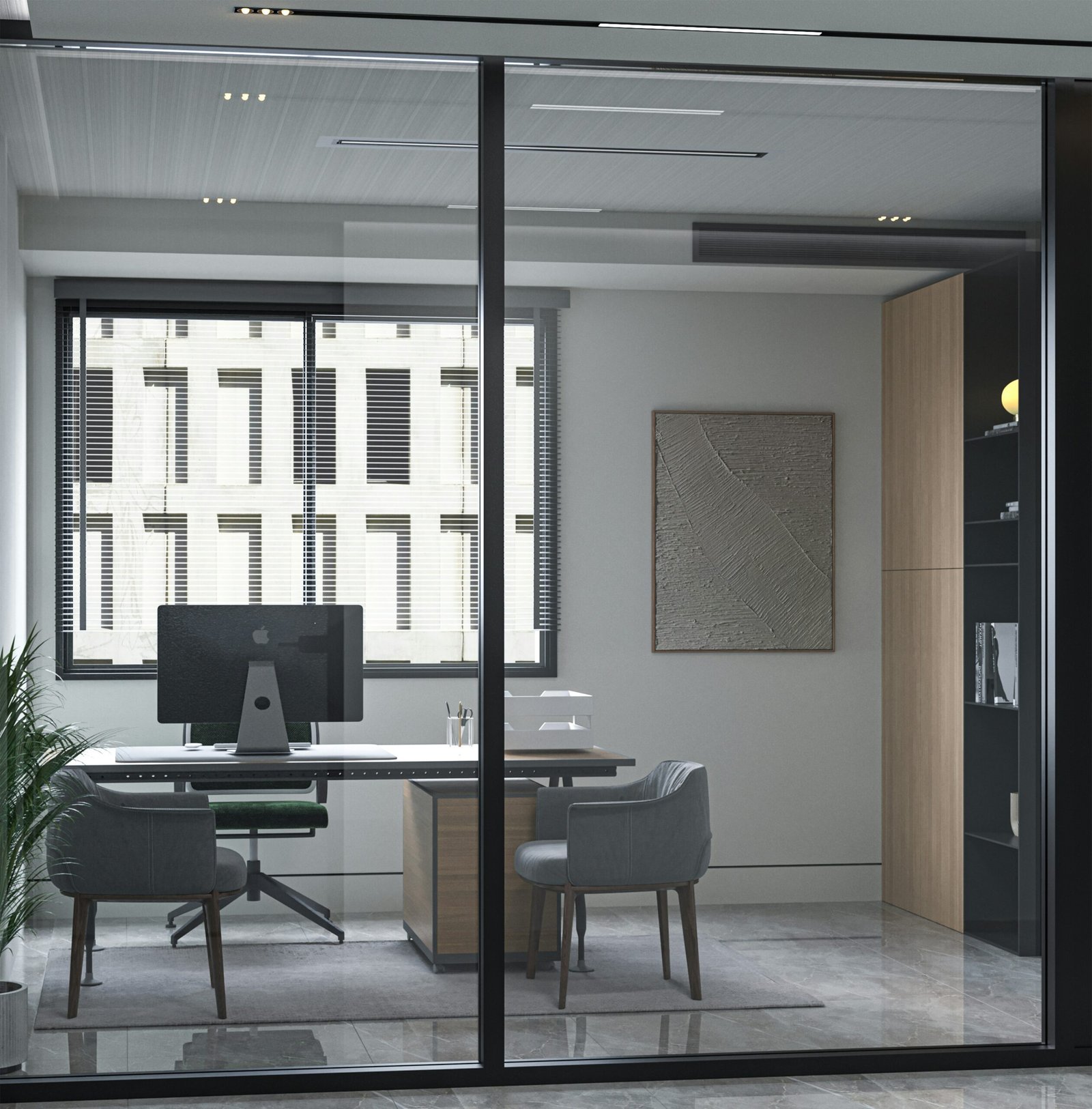 Minimalist executive office with desk, chairs, and modern interior design